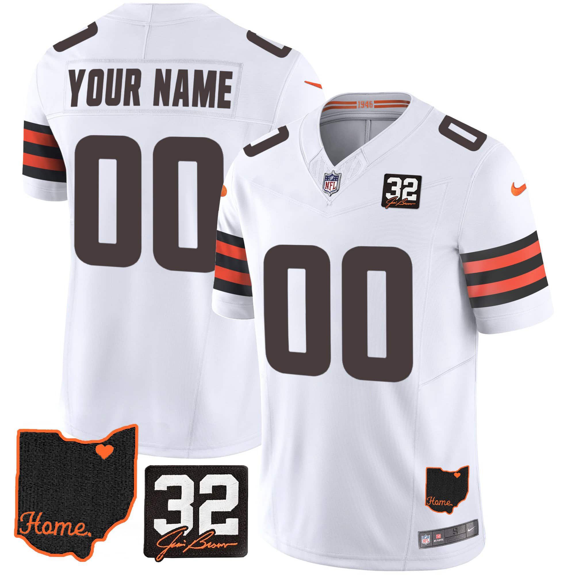 Men Cleveland Browns White 32 Jim Brown Memorial Home Patch Custom 2024 Nike NFL Jersey